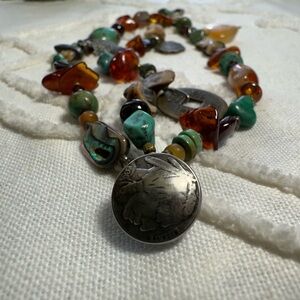 Turquoise Abalone Amber Muti Stone Beaded Emblem Bracelet